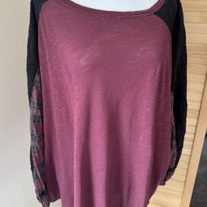Torrid Blouse Women 2 Burgandy Cotton Modal Slub Crew Neck Raglan Eyelet